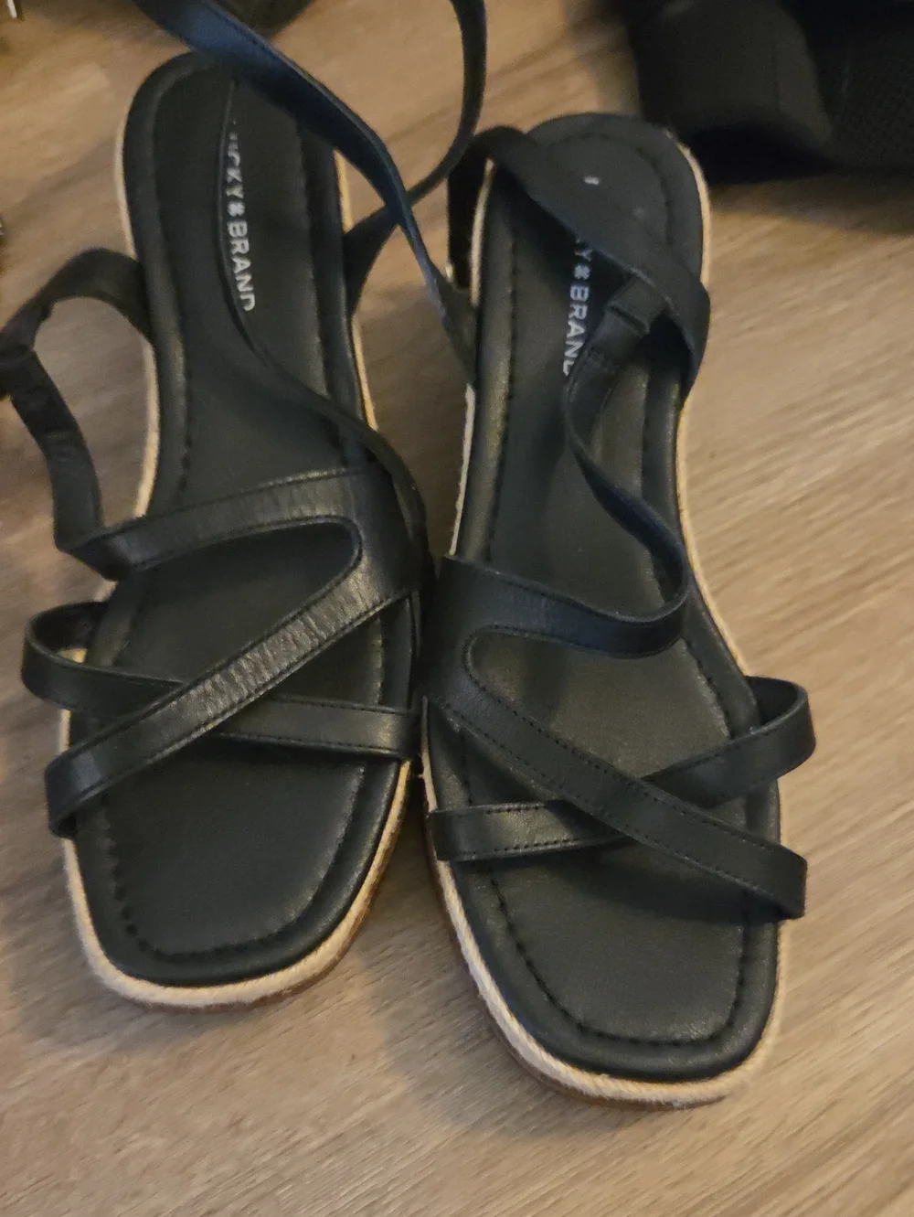 Lucky Brand Black Strappy Espadrille Wedge Sandals